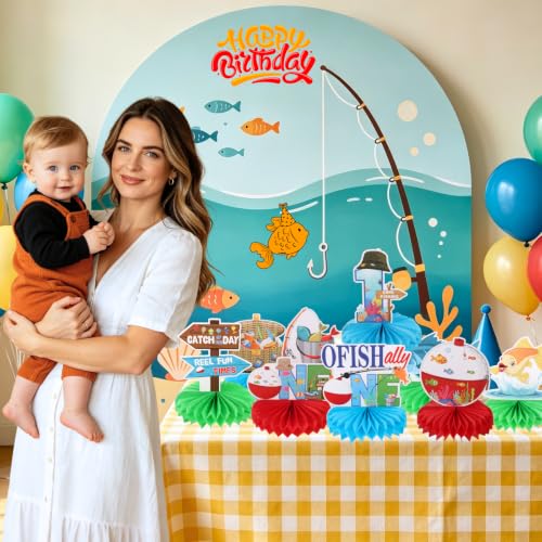 Image of 9pcs Ofishally One Table Centerpieces for First Birthday Party Decorations Gone Fishing Honeycomb Centerpieces for Boys 1st Birthday Table Topper Sign Decors O Fishally Baby Shower Party Supplies