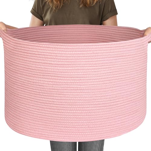 Image of MEGASKET 115L Oversized Pink Basket, 23.6 inchx15.7 inch Woven Cotton Rope Bin with Handles, XXXL Blanket Storage for Living Room, Kids Toy Storage Bin Box, Baby Laundry Basket for Organizing, Pink Room Decor