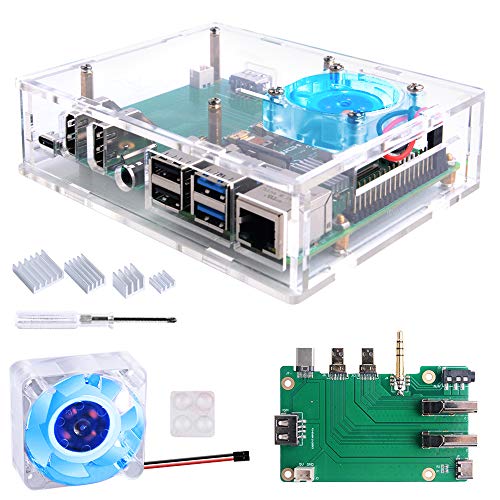 Raspberry Pi 4 GeeekPi Raspberry Pi 4 - Kit de caja de acrílico para Raspberry Pi 4 con ventilador 4010 de 5 V (luz LED azul) + disipadores...