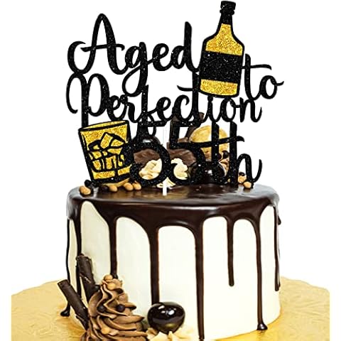 Aged To Perfection 55th Birthday Cake Topper - Wine 55th Birthday Black Glitter Cake Topper - Vintage 1968 Happy 55th Birthday Party Cake Decoration Cover