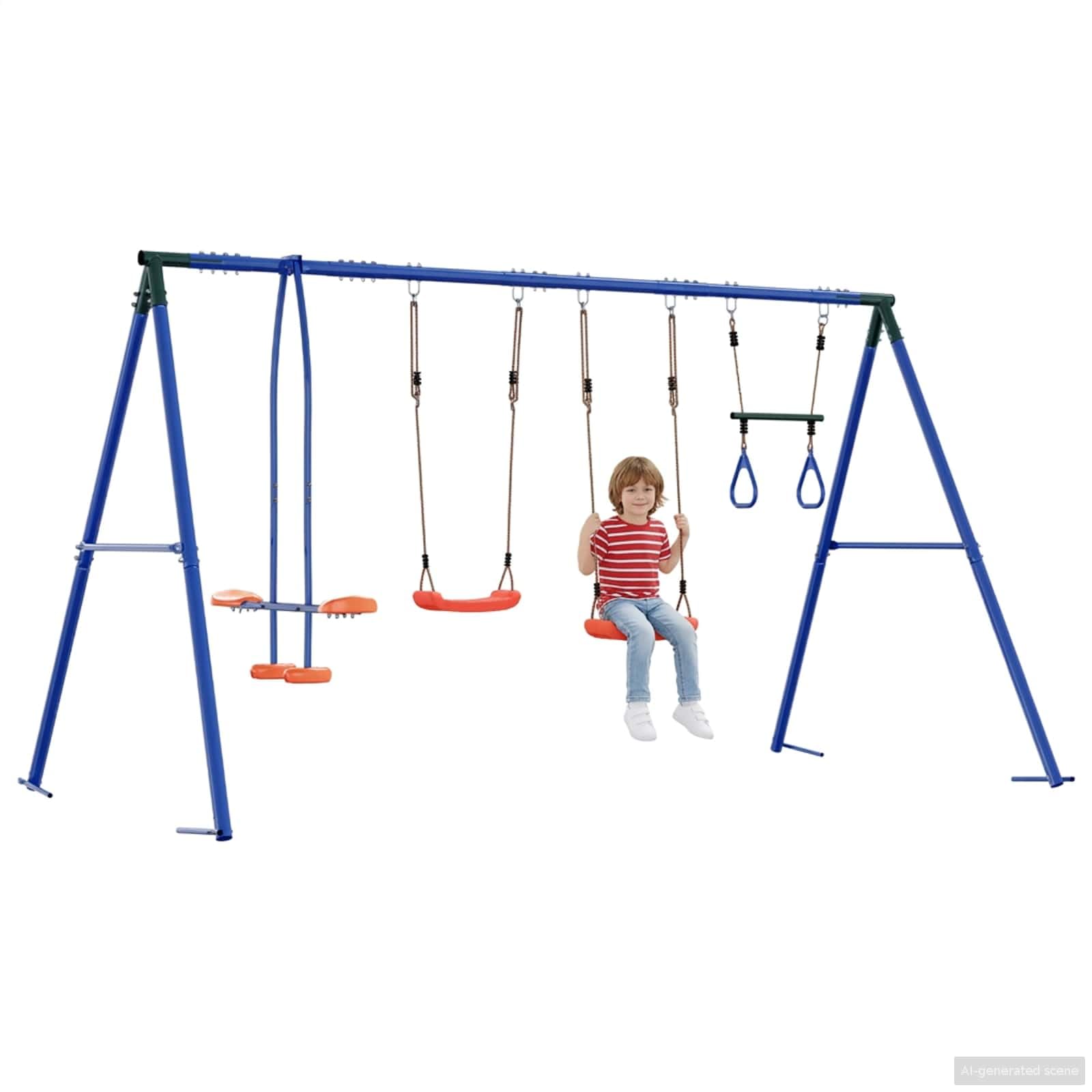Mehrfarbiges Outdoor Schaukelset aus Stahl und PE 330 x 185 x 185 cm für Garten Hof Terrasse Spielplatz draußen schwingen klettern rutschen balancieren Kinder 3 bis 10 Jahre