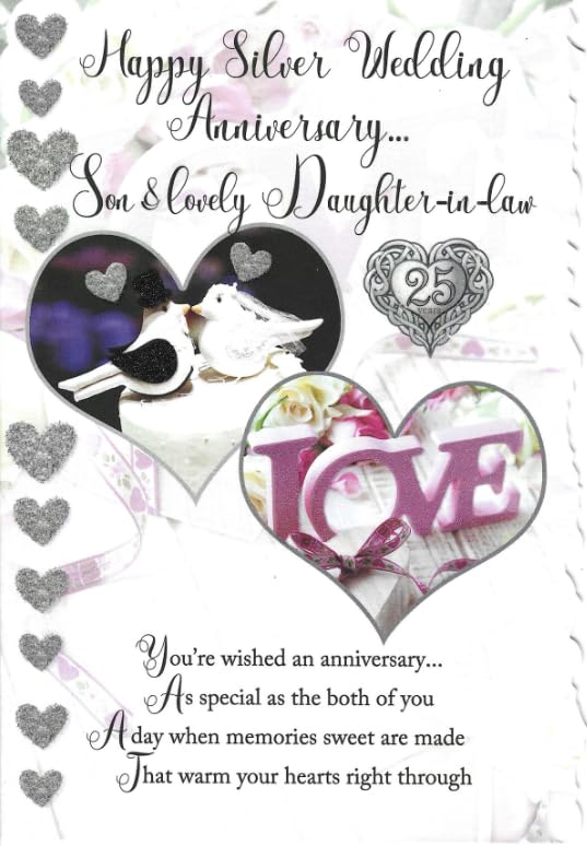 Cardigan Cards Son & Daughter-in-Law Silver Wedding Anniversary Card 25th Anniversary Doves & Hearts Design