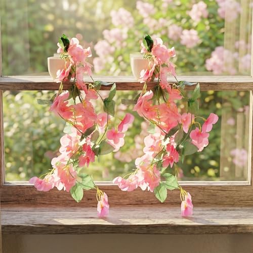 Image of Dekorly Realistic Faux Pink Hanginng Garland Vine with Decorative Pot Elegant Hanging Floral Arrangement for Home Office Styling |100CM (2, Pink)