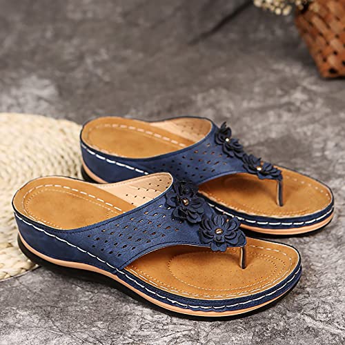 Orthopedic Sandals with Arch Support Flip Flops for Women Wedge Sandals Comfortable Walking Sandals Cushion Footbed Platform Sandals Dressy Summer Slip on Sandals Thong Sandals Casual (a-Blue, 7) 5