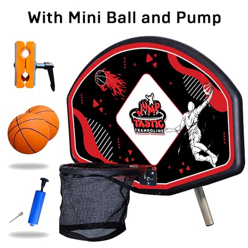 Jump Tastic Trampoline Trampoline Basketball Hoop, Fits Straight and Curved Pole Basketball Hoop for Trampoline, Universal Attachment with Mini Ball and Pump4