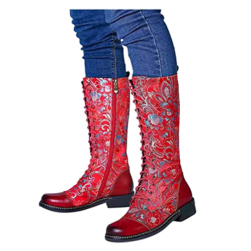 Hbeylia Knee High Combat Boots For Women Vintage Ethnic Flower Design Leather Lace Up Round Toe Chunky Low Heels Mid Calf Riding Boots Boho Winter Fall Dress Knee Length Tall Boots Party Decor