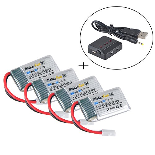 Makerfun 4pcs 1s 3.7v 250mAh 25c Lipo Battery Parts with 1pcs 4 in
