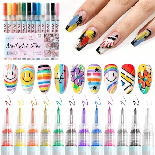 JODSONE 12 Colors Nail Art Pens Set,Acrylic Paint Nail Art Markers Polish Pen for 3D Nail Art, Drawing Painting Liner Brush for DIY Nail Art Beauty Adorn Manicure Tools (12 colors,0.7mm hard pen tip)