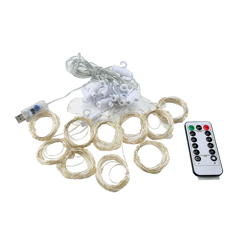 Image of 300 LED Warm White Fairy Curtain Lights - 3m USB Plug-in String Lights with Remote Control, 8 Modes for Indoor /Outdoor Use - Perfect for Bedroom, Weddings, Parties, and Holiday Decor (1, Warm White)