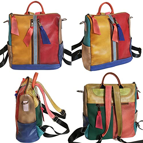 Downupdown 2 in 1 Backpacks for Women Genuine Leather Backpack Single Shoulder Bag Zipper knapsack Satchel Casual Daypack -Multicolour3