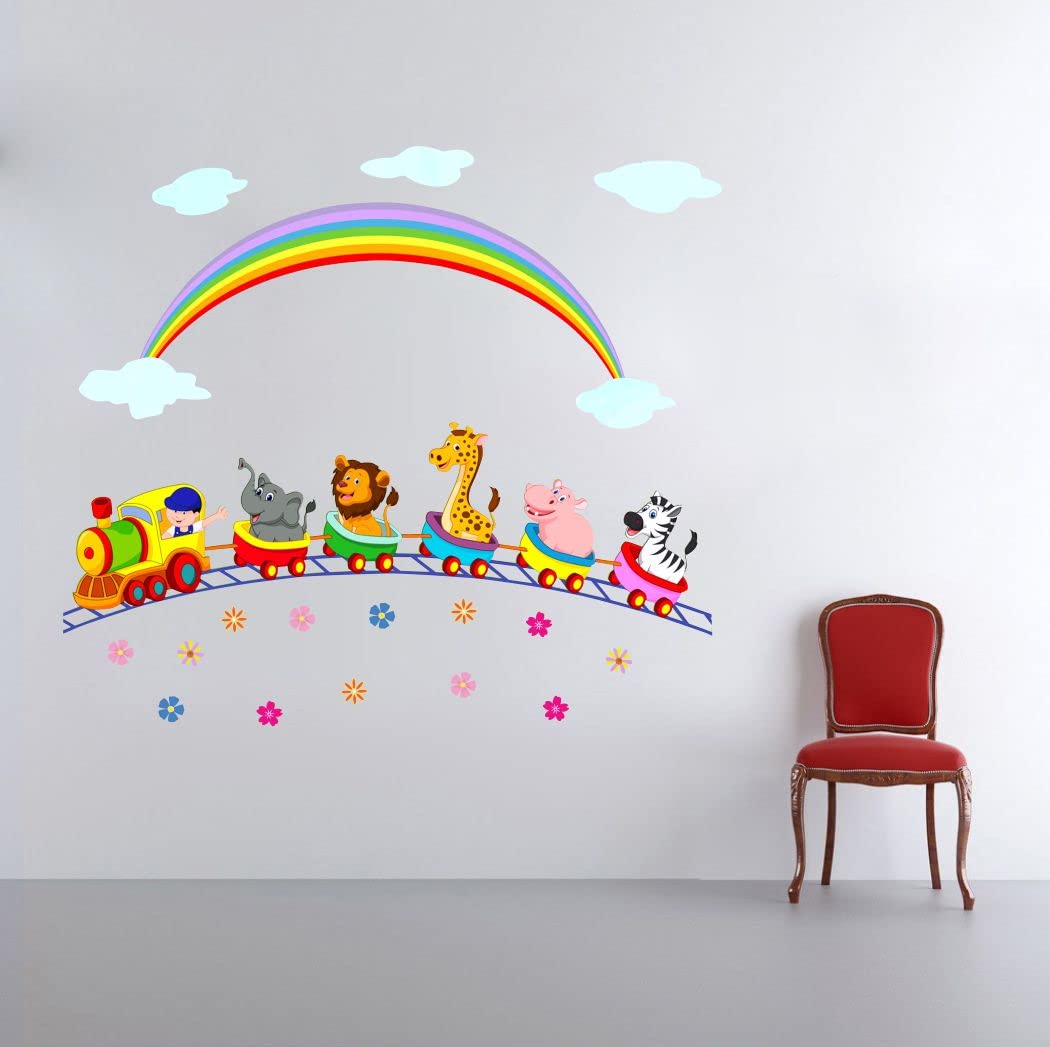 Zoo Graphics Animals with Train Design Wall Sticker Size - (89 * 78) cm