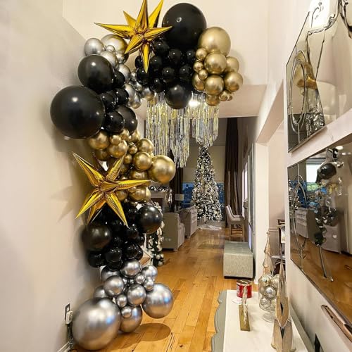 Image of Black and Gold Balloons Set, 12 Inch Black Gold Silver Balloon New Year Eve Party Decoration Black Silver Latex Balloons for New Year Party Birthday Wedding Graduation Banquet Father's Day Decoration