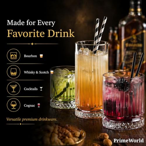 Image of PrimeWorld Timeless European Crystal Whiskey Glasses Set of 6 pcs- 300 ml Bar Glass for Drinking Bourbon, Whisky, Scotch, Cocktails, Cognac- Old Fashioned Cocktail Tumblers