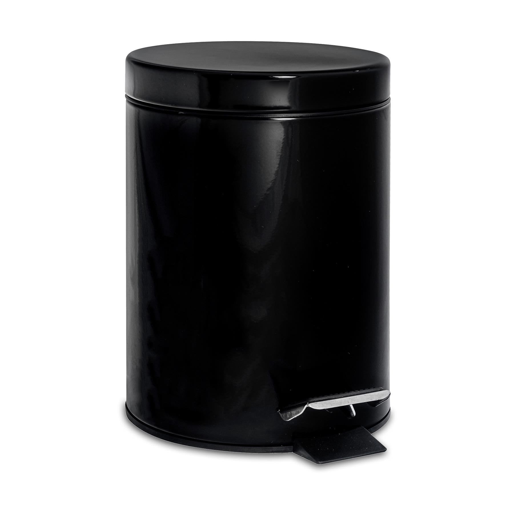 Harbour Housewares 3L Bathroom Bin - Black - Round Stainless Steel Pedal Bin Slim Kitchen Rubbish Trash Can Garbage Dustbin with Lid and Inner Liner Bucket