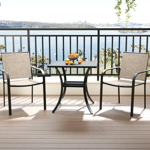 Image of Anmutig 3-Piece Outdoor Dining Set, Small Metal Bistro Table with 2 Stackable Patio Chairs, 27.5 x 27.5 Inch Square Table, White Fabric