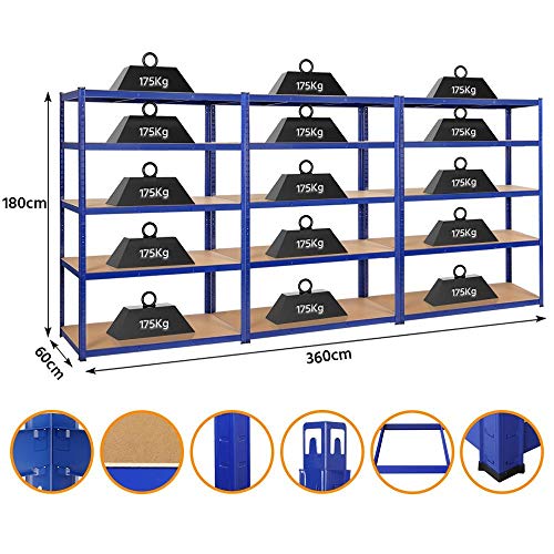 Yaheetech 3X Schwerlastregal 180x120x60cm Regal Lagerregal 5 MDF-Platten Kellerregal Steckregal Werkstattregal 875kg – Bild 4