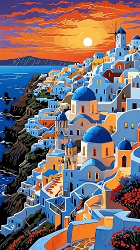 ARTGOTO Peinture par Numéros Adultes 40x70 cm, Santorin Grèce au Coucher du Soleil, Kit Peinture Acrylique Grand Format avec Pinceaux et Instructions, Sans Cadre