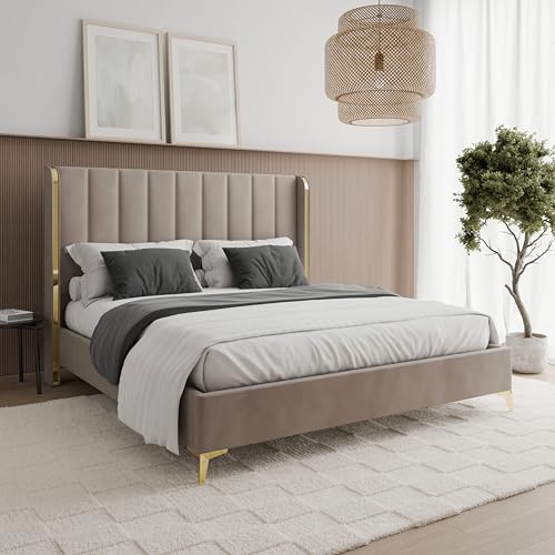 Dako® Velvet Upholstered Bed Frame William - Modern Fabric Bed With Padded Headboard, Gold Metal Details And Legs – Available In Black Or Beige - Double, King & Super King Sizes (Beige, Super King)