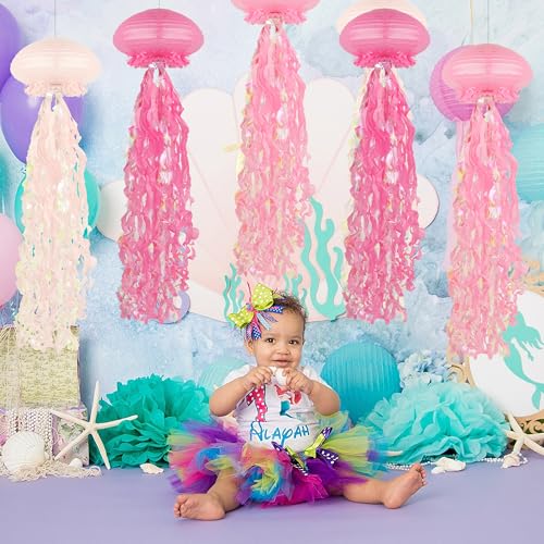 Image of 8 pcs Jellyfish Paper Lanterns Ocean Birthday Party Decorations with Hooks and Ropes, Hanging Jellyfish Decorations for Baby Shower Under The Sea Mermaid Spongebob Birthday Classroom Decorations