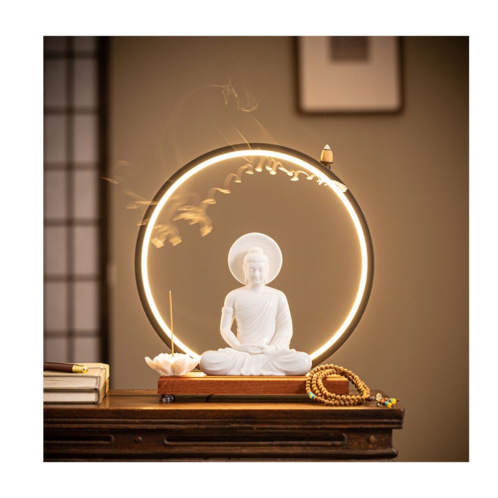 Dytartzx #1 Shakyamuni Buddha Statue With Backflow Incense Burner Incense Holder With Led Light Ring Decorative Tathagata Buddha Figurine