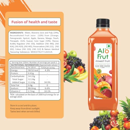 Image of Alo frut Mixed Fruit Drink with Tasty Aloevera Chunks & Juice| Goodness of Fruits and Aloevera | Ready-to-Serve Fruit Juice| Mixed Fruit Juice-150ml (Pack of 60)