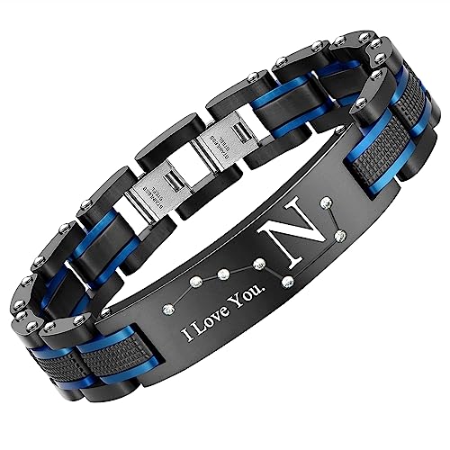 Men's Bracelet, Black and Blue Ion Stainless Steel, Initial Curved Plate, Gift for Boyfriend, Husband, Father, Comes with Gift Box