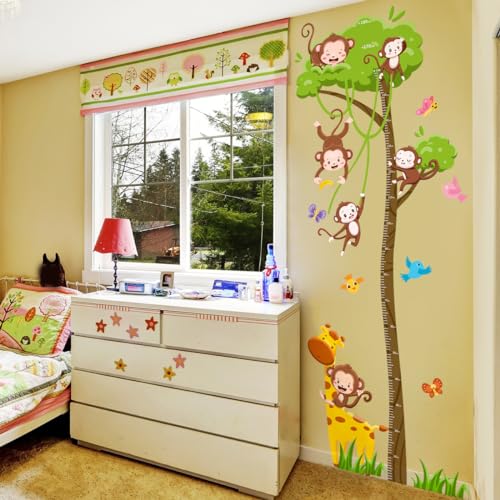3 hojas de tabla de crecimiento de altura para niños, calcomanía de pared de animales, selva, jirafa, mono, medida de pared para niños, niñas, guardería, dormitorio, sala de juegos, decoración de arte
