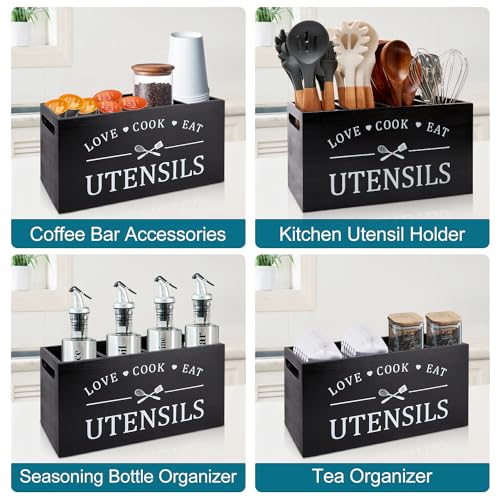 Black Farmhouse Utensil Holder for Kitchen Counter Extra Large Cooking Utensil Holder Caddy Utensils Storage Organizer for Countertop Rustic Wood Kitchen Tool Decor Utensil Crock Spatula Holder - Image 6