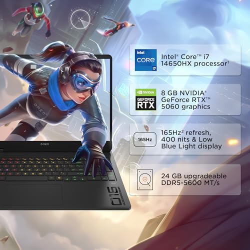 Image of HP Omen, Intel Core i7-14650HX 14th Gen, 8GB RTX 5060, 24GB DDR5(Upgradeable) 1TB SSD, 165Hz, 2k WUXGA, 3ms, 400 nits, 16'' /40.6cm, Win11, M365* Office24, Black, 2.43kg, am0239TX, RGB Gaming Laptop