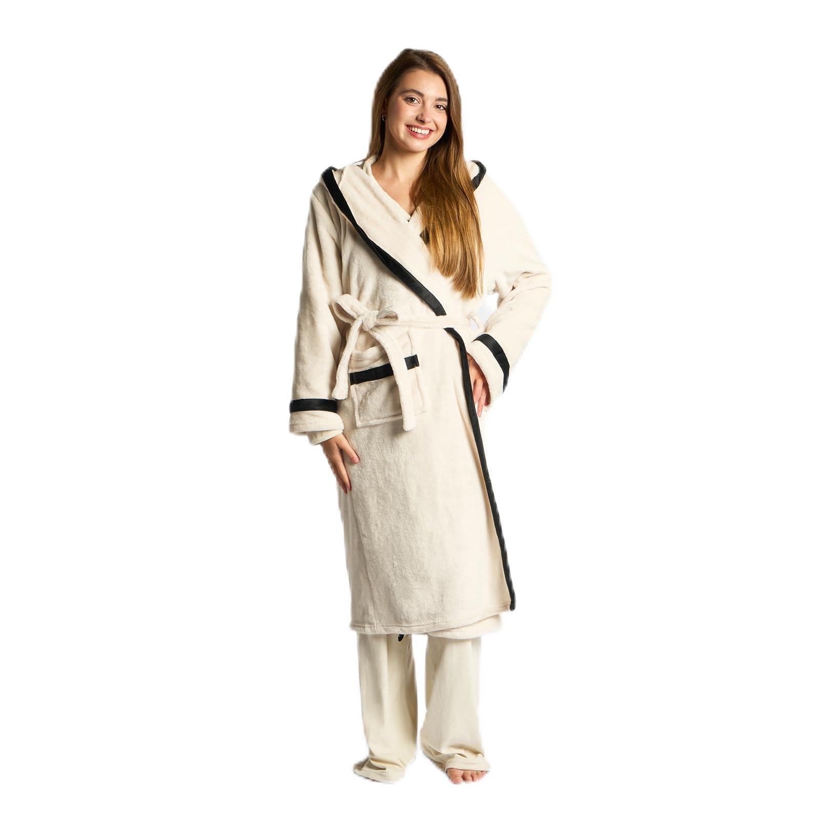 Ohs Unisex Cream/Black Dressing Gown Womens Piped, Super Soft Warm Flannel Fleece Hooded Bathrobe Full Length Comfortable Cosy Dressing Gown For Sleepwear Loungewear,