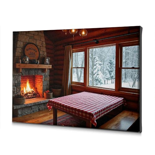 Décoration murale d'intérieur avec cheminée et paysage de neige en toile