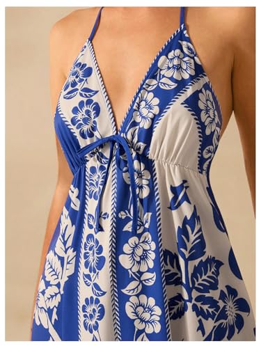 Image of SHENHE Women's Summer Tropical Floral Halter Maxi Dress Open Back Empire Waist Flowy Boho Dress