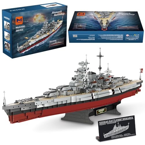 MISINI Technik FC4201 Deutsches Schlachtschiff Bismarck klemmbausteine, 2081 PCS/MOC Groß WWII Deutsches Militär Kriegsschiff Marine-Schlachtschiff Modell für Erwachsene