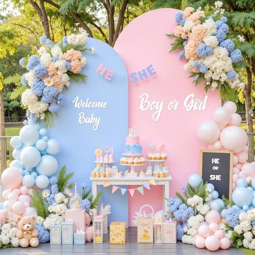 Image of Pink Blue Arch Backdrop Cover Set of 2 Gender Reveal Arch Covers Stretchy Backdrop 7.2 and 6ft Spandex Balloon Arch Stand Covers for Baby Shower Boy or Girl Birthday Party Banquet Photo Background