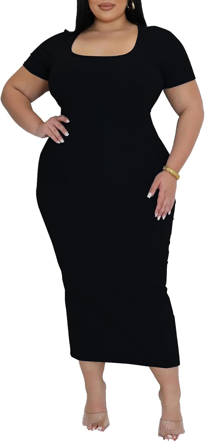 BeadChica Plus Size Bodycon Midi Dresses for Women Ribbed Square Neck Maternity-Friendly Dress for Curvy Ladies Casual Summer