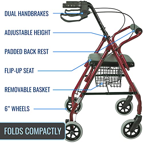 Dmi Freedom Lightweight Folding Aluminum Rollator Walker With Adjustable Handle Height, Fsa And Hsa Eligible, Cushioned Flip Up Seat And Convenient Storage Basket, Burgundy #TOP1