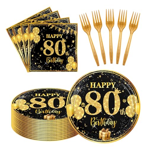 LDFDRT 80th 7 inch Birthday Party Paper Plates and Napkins Forks 60 pcs Black Gold Birthday Decorations for Boys Girls Tableware Set for Anniversary Party Supplies Serve 20