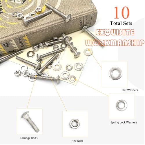 Image of 10 Sets 1 /4 inch-20 x2 Carriage Bolts Round Head Square Neck Screws with Hex Nuts Flat Washers Spring Lock Washers 304 Stainless Steel Full Thread Coverage Square Neck Bolts Assortment Kit