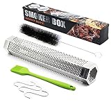 Pellet Smoker Tube, Aliyoham 12'' Stainless Steel BBQ Wood Tube, Hot/Cold Smoking for All Charcoal, Electric, Gas Grills(with 3 S Shape Hooks,1 Cleaning Brush, 1 Silicone Brush)