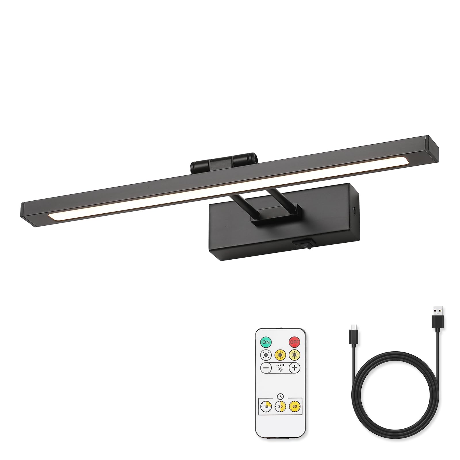 KELIDEN Picture Light Battery Operated with Remote, LED Black Art Lights for Paintings Rechargeable Dimmable and Timer, 15.5in Wall Sconce for Art Painting Gallery Adjustable Swing Arm for Display