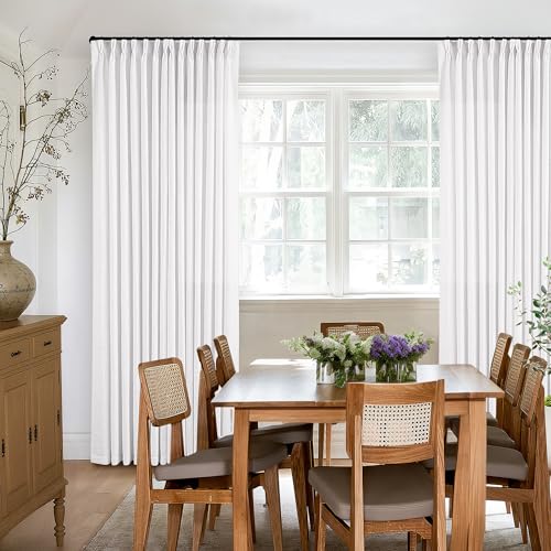 Image of Extra Long Snow White Pinch Pleated 132 Inch Linen Curtains 2 Panels for Living Room Bedroom Memory Training Shaped Semi Sheer Pleat Drapes with Hooks Rings Light Filtering Window Curtain 40x132