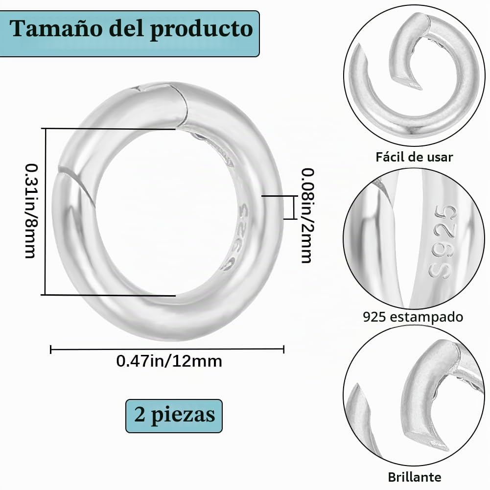 CREATCABIN 2 Anillo Resorte O Anillos Puerta Resorte,925 Clips Plata Ley,Cierres Abrazadera Pequeños,Cierres Redondos Lisos,Conectores para Hacer Joyas,Collar Bricolaje,Pulsera 12mm