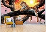 Art Murals Vinyl Fototapete, 384 х 250 cm, Baum, Leopard auf Baum, Sonnenuntergang, Natur, Tapete für Schlafzimmer, Wohnzimmer, Büro, Küche