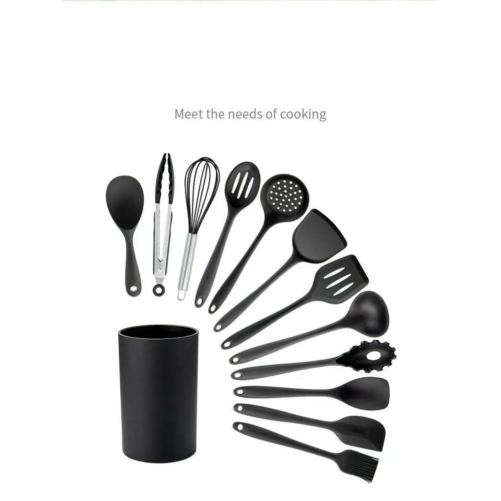 WLDMA Ensemble d'ustensiles de cuisine noirs en silicone de qualité alimentaire avec spatule, pelle à soupe, cuillère à soupe, ustensiles de cuisine BPA