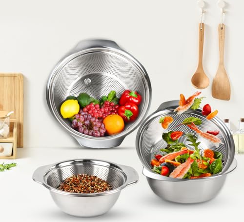 Colador de acero inoxidable 304, juego de colador microperforado con cuenco para mezclar, sin BPA para escurrir pasta, fideos, verduras, frutas y arroz