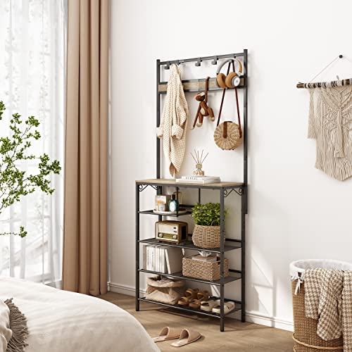 Hoctieon 5-Tier Freestanding Coat Rack With Adjustable Mesh Slant, Sturdy Hall Tree Designed For Boots Storage And Shoes Storage, Multifunctional Shoe And Coat Rack For Entryway, Greige #TOP5