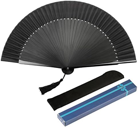 Metable Black Silk Folded Hand Fan Bamboo Handheld Folding Fan with Gift Boxed Oriental Handmade for DIY Wall Decoration Wedding Party Favor Women Man Dancing Show Prop