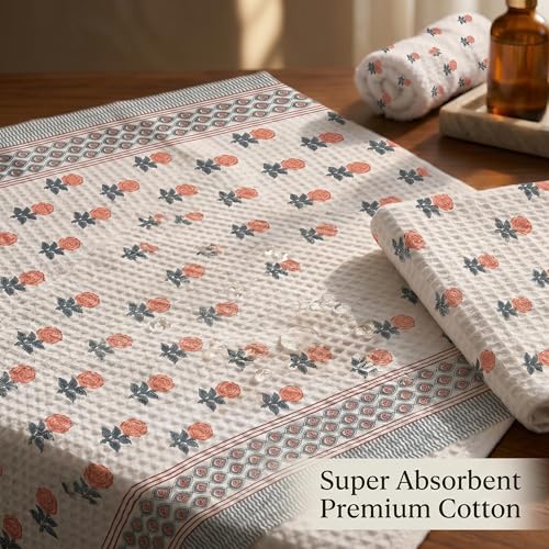 Image of Mafatlal Madhuban Super Absorbent Cotton Set (1 Bath 147x76 cm + 2 Hand 76x38 cm) | 250 GSM | Hand Printed Floral | Tea Rose