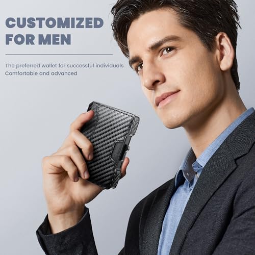 Wallet for Men, RFID Blocking Slim Mens Wallet with Money Clip, Minimalist Pop Up Card Case, ID Window, 9-11Cards Capacity, Bifold Leather Front Pocket Wallet with Gift Box (Black-Carbon Fiber)4