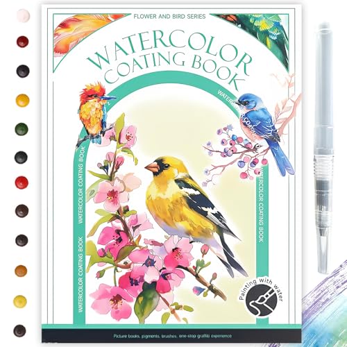 Glvomazty Libro Para Colorear Adultos, Coloring Book For Adults 12 Colores, Libro-Magico-Agua con Pinceles, Anti Stress Kit Acuarela Portatil, Watercolor Workbook para Principiante